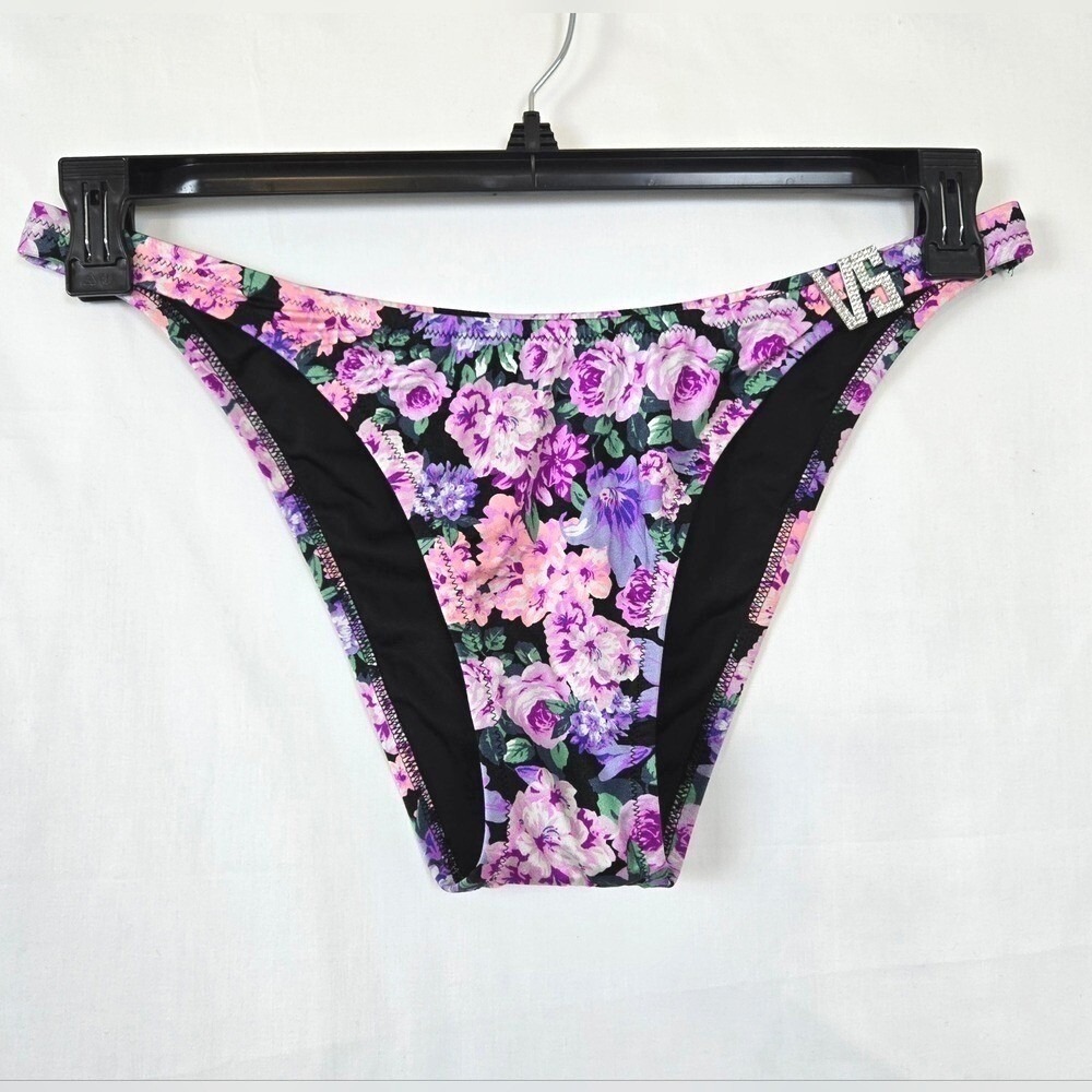 Victoria's Secret Swim Purple Floral VS Rhinestone Brazilian Bikini Bottom XXL